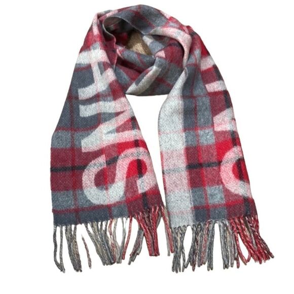 Calvin Klein red and gray plaid logo print wool cashmere scarf new with tags - Picture 1 of 7